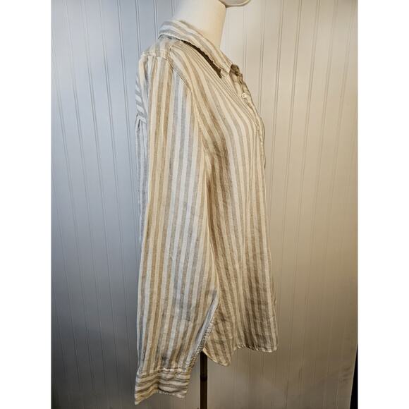 L.L Bean 100% Linen Striped Button Down Shirt Women's Size L Nautical Preppy - Picture 5 of 13